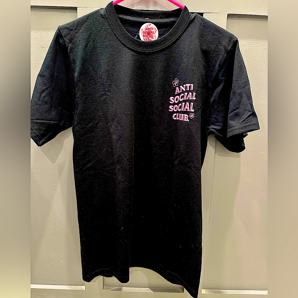 Anti Social Social Club Black Tee with Flower with Pink Logo